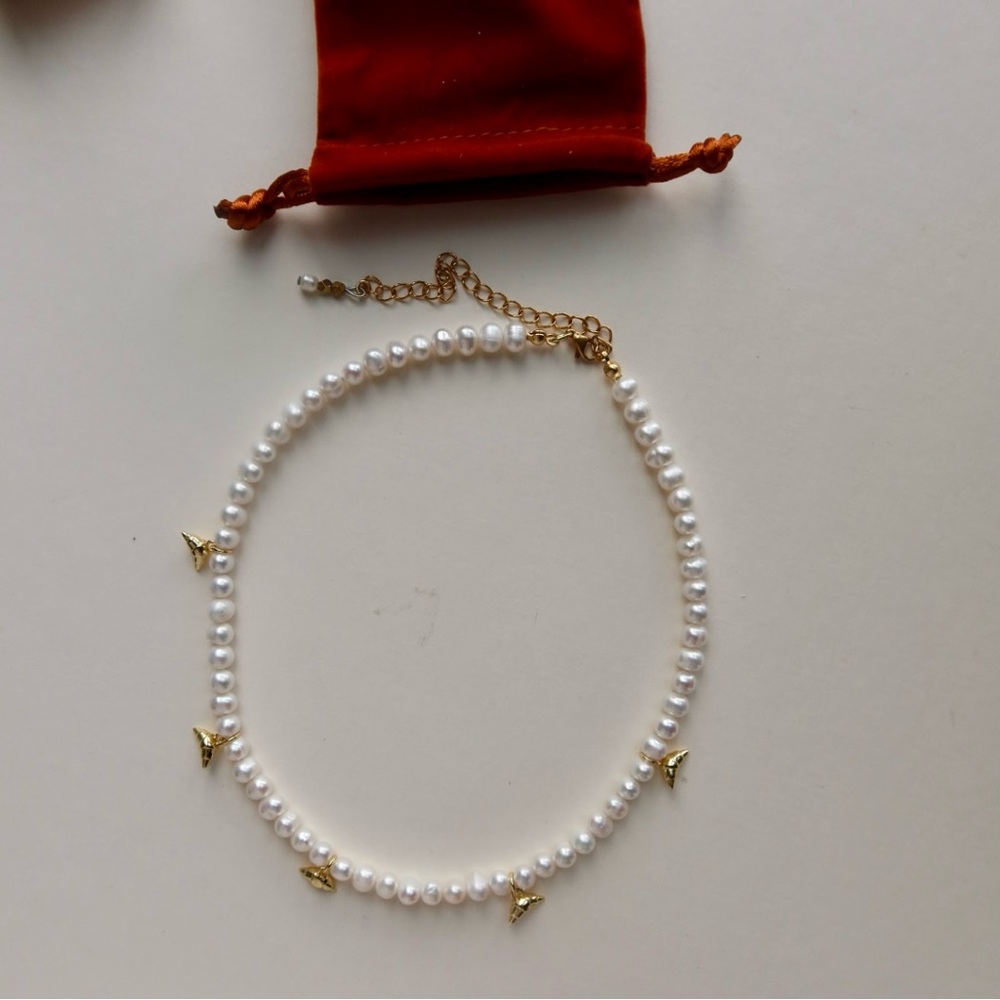 Freshwater Pearl Necklace with Gold Croissant Pendants | Handmade Necklace